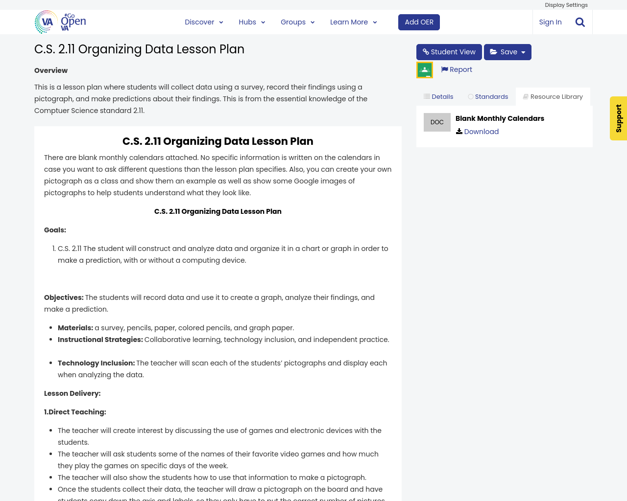 C.S. 2.11 Organizing Data Lesson Plan | #GoOpenVA