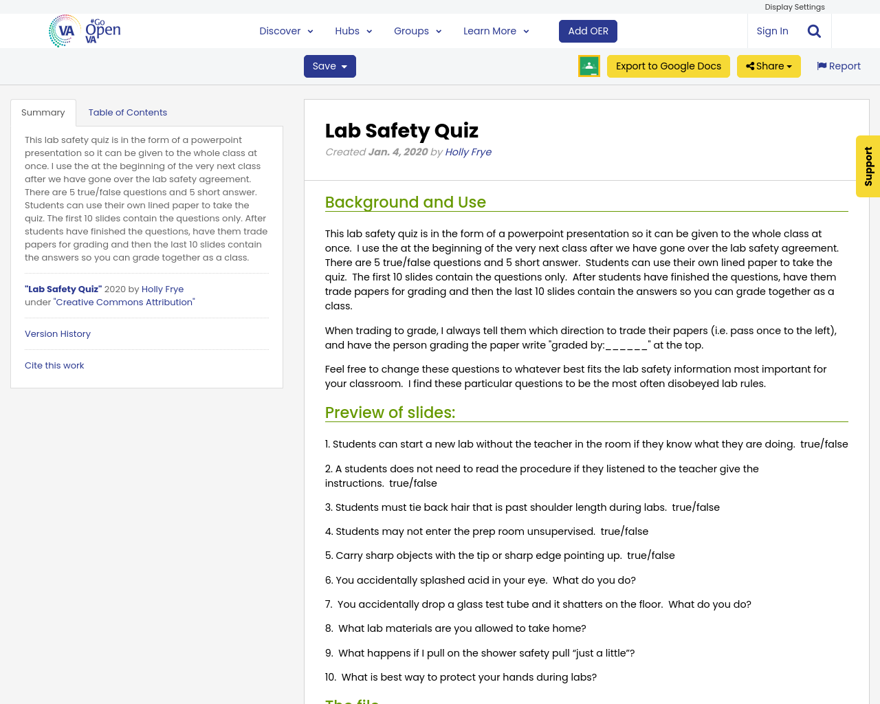 Lab Safety Quiz GoOpenVA