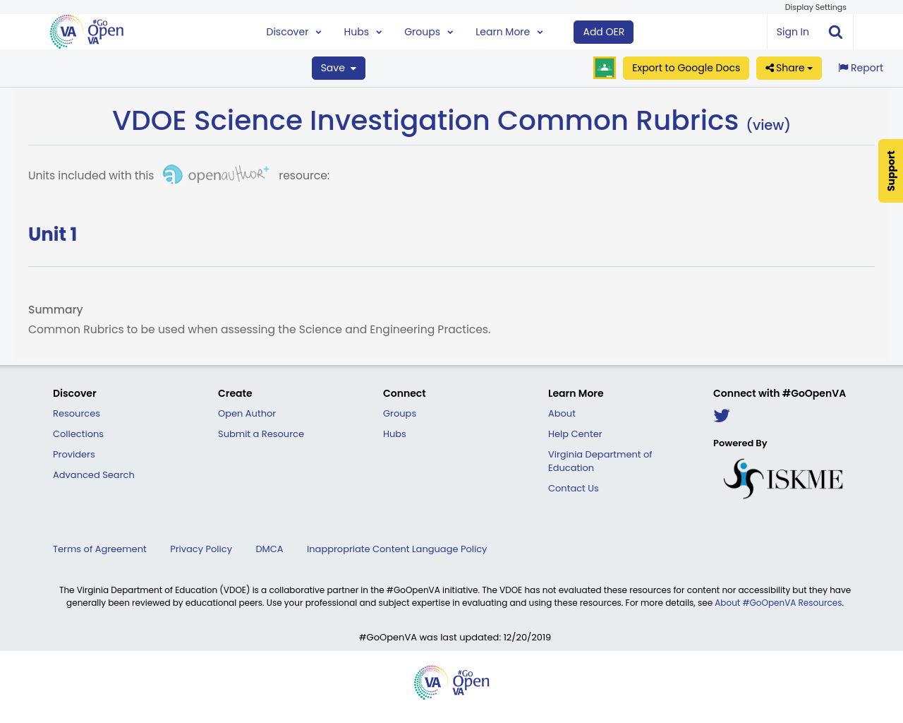 VDOE Science Investigation Common Rubrics GoOpenVA