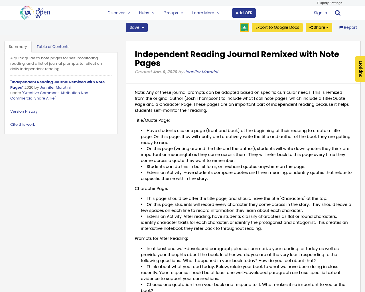 Independent reading response journal image